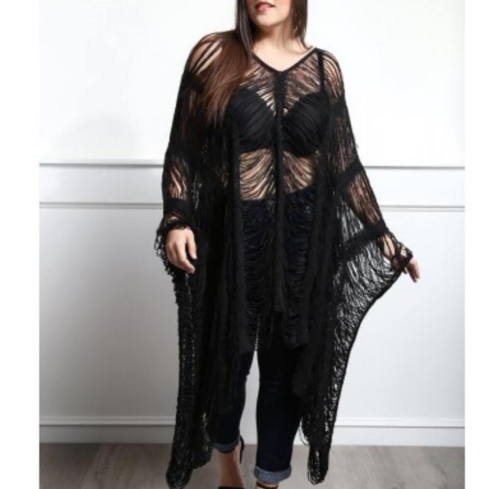 Black Plus size knit poncho (top or swim cover up)